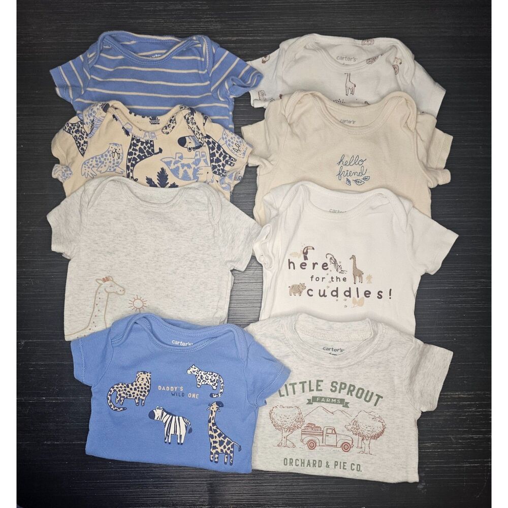 Carters Baby Boy 6M Short Sleeve Bodysuits Safari Animals Graphic Lot 8pc